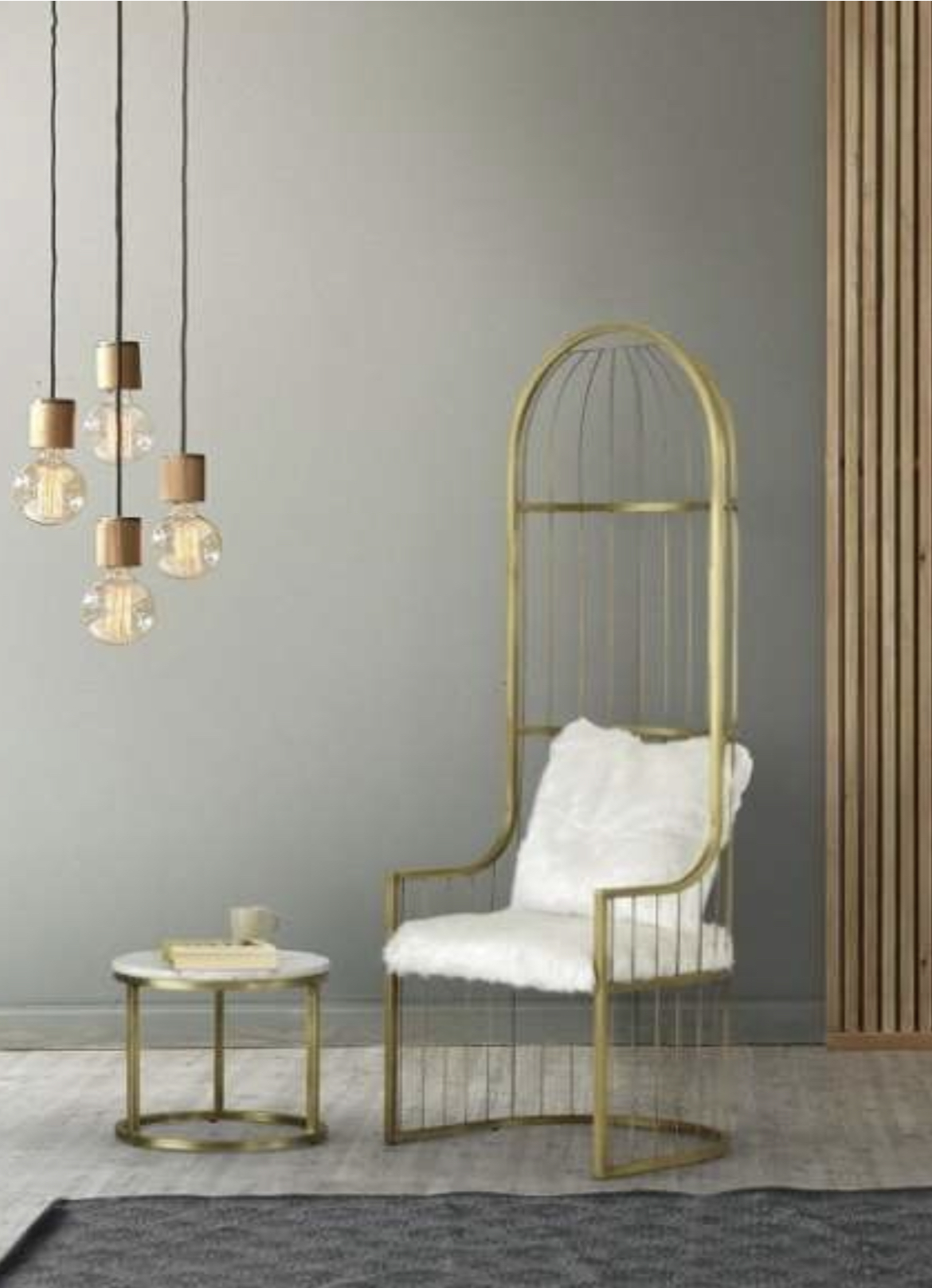 Cage gold chair with white plush $825